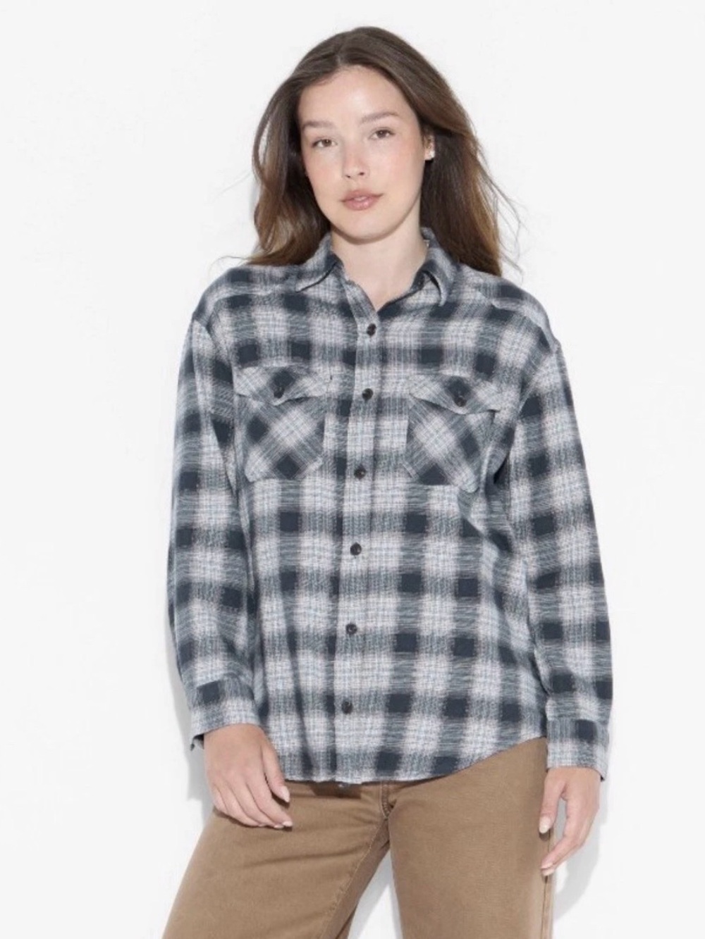 Wild Fable Plaid Flannel Oversized Button Down Shirt XS NWT